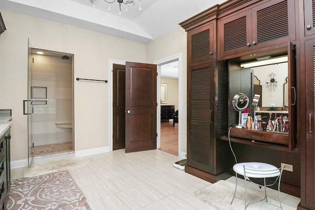 11735 Orchard St, Willow Springs, IL 60480 - full bathroom with baseboards, vanity, a shower stall, and tile patterned floors