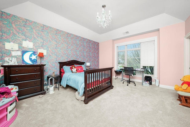 11735 Orchard St, Willow Springs, IL 60480 - bedroom featuring wallpapered walls, carpet floors, baseboards, a notable chandelier, and visible vents