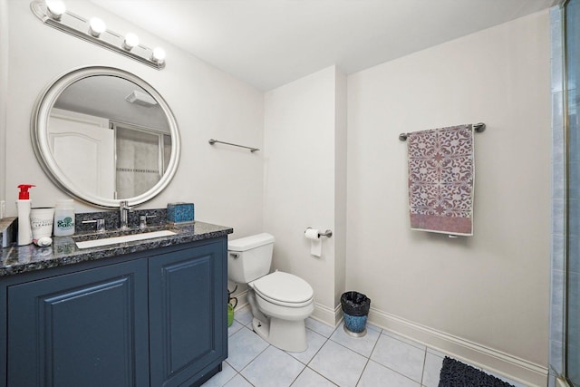 11735 Orchard St, Willow Springs, IL 60480 - full bathroom featuring a shower with shower door, toilet, baseboards, tile patterned flooring, and vanity