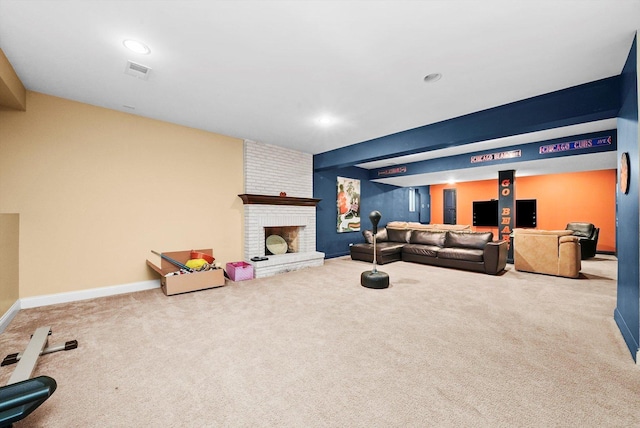 11735 Orchard St, Willow Springs, IL 60480 - living room with visible vents, baseboards, recessed lighting, a brick fireplace, and carpet floors