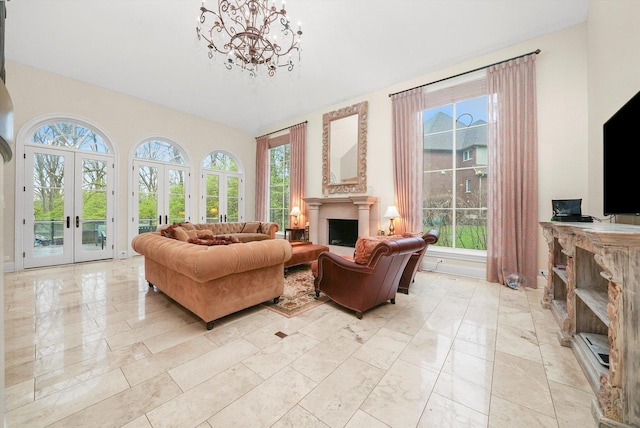 11735 Orchard St, Willow Springs, IL 60480 - living area featuring a fireplace, an inviting chandelier, marble finish floor, and french doors