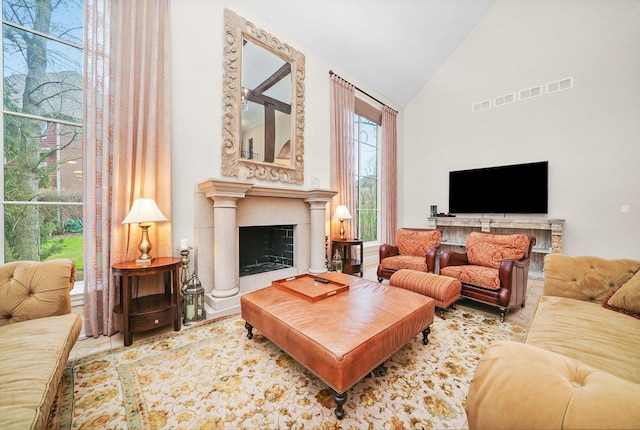 11735 Orchard St, Willow Springs, IL 60480 - living room with a fireplace, visible vents, and high vaulted ceiling