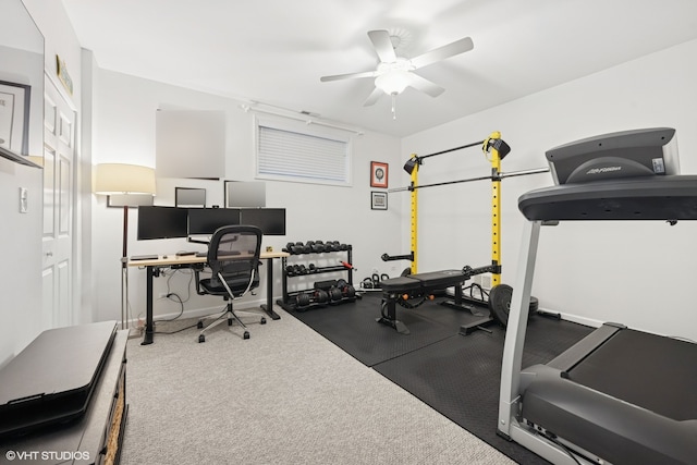 workout room featuring a ceiling fan