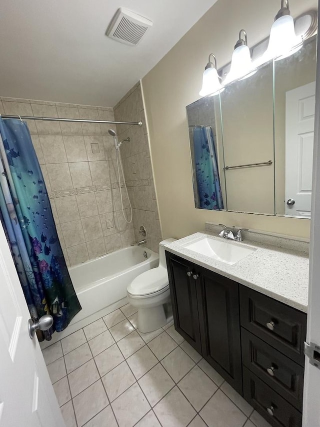 bathroom with shower / bath combination with curtain, visible vents, toilet, vanity, and tile patterned floors