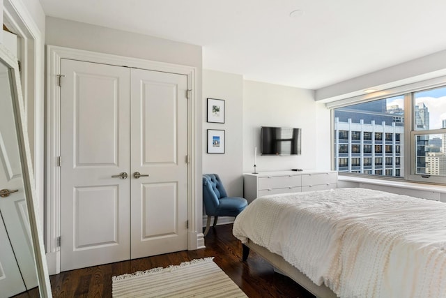 bedroom with dark wood-style floors and a closet