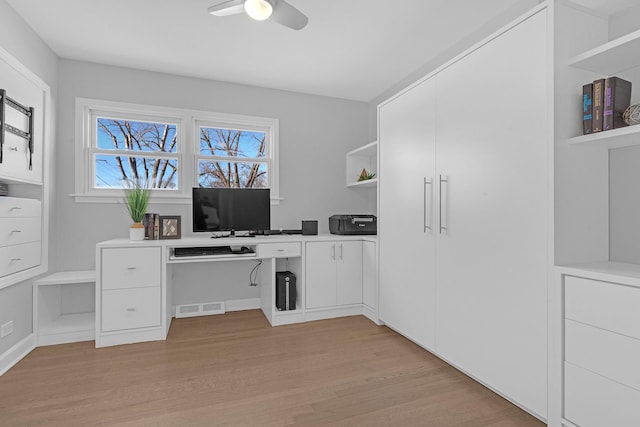 home office featuring light wood finished floors, visible vents, and a ceiling fan