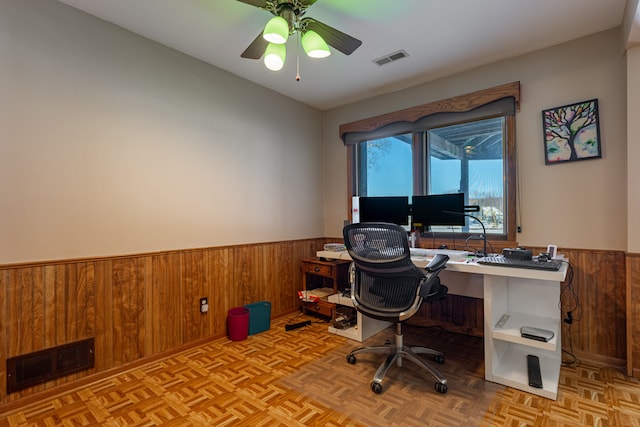 office area with ceiling fan, wainscoting, visible vents, and wooden walls