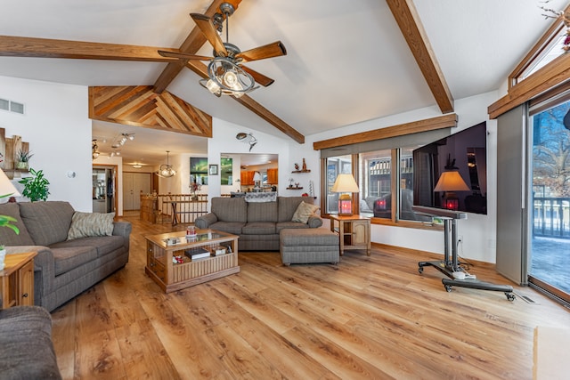 living area with visible vents, light wood-style floors, ceiling fan, high vaulted ceiling, and beamed ceiling