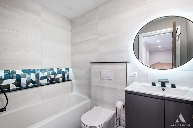 full bathroom with toilet, a washtub, backsplash, tile walls, and vanity