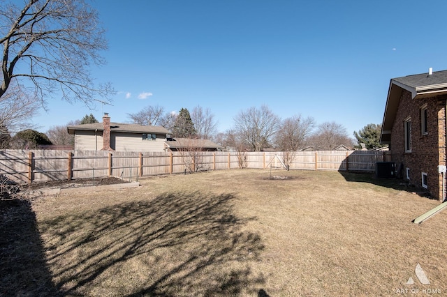 view of yard featuring central AC unit and a fenced backyard