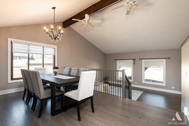 dining room featuring dark wood finished floors, a chandelier, vaulted ceiling with beams, and baseboards