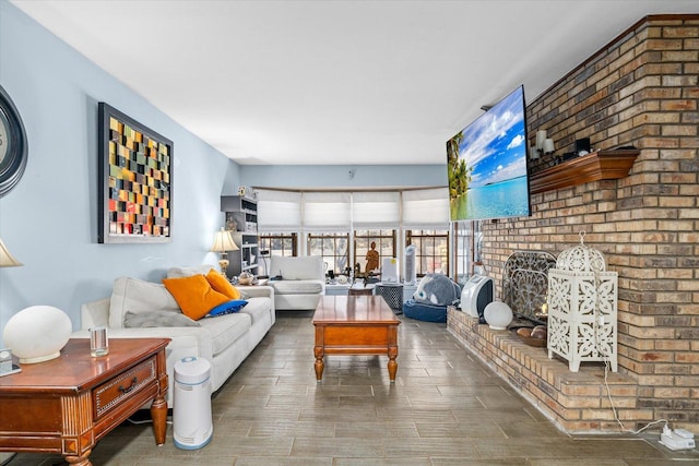 living room with wood tiled floor