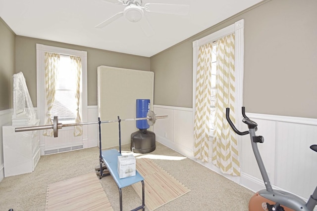 workout room featuring a wainscoted wall, ceiling fan, visible vents, and carpet floors