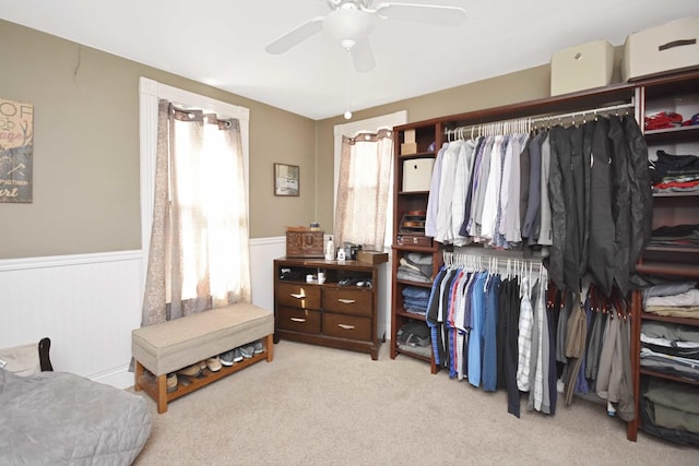 spacious closet featuring a ceiling fan and carpet