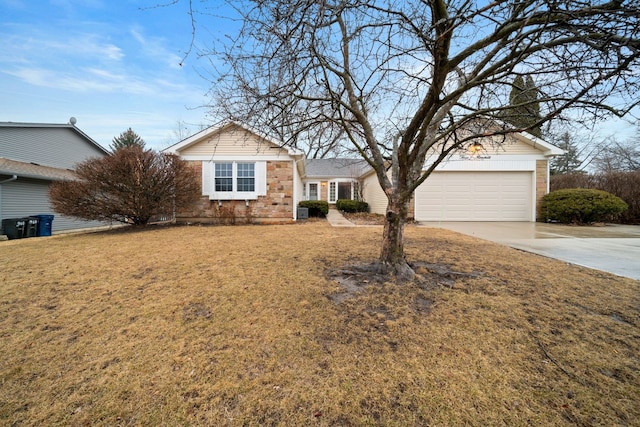 ranch-style home featuring a garage, concrete driveway, a chimney, and a front lawn