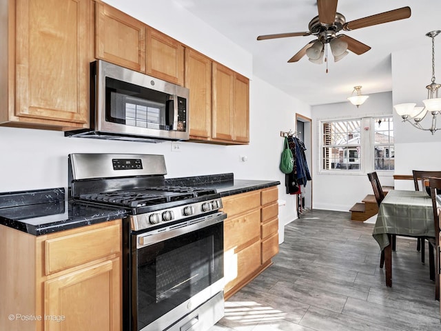 kitchen featuring stainless steel appliances, dark countertops, wood finished floors, baseboards, and ceiling fan with notable chandelier