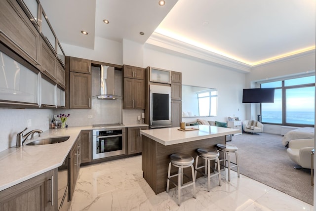 175 E Delaware Pl Unit 9106-07Ph, Chicago, IL 60611 - kitchen featuring a sink, open floor plan, a kitchen bar, wall chimney exhaust hood, and appliances with stainless steel finishes
