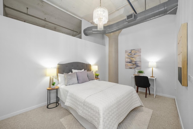 carpeted bedroom with a high ceiling, visible vents, baseboards, and an inviting chandelier