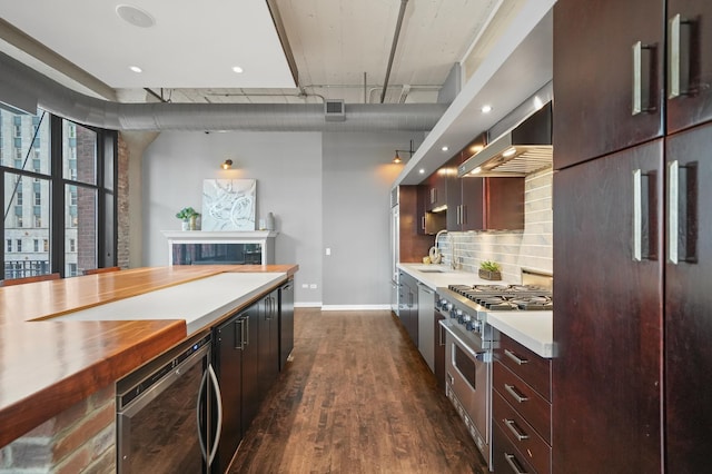 kitchen with tasteful backsplash, dark wood-type flooring, ventilation hood, stainless steel stove, and a sink