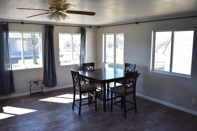 dining room featuring dark wood-style floors, a textured ceiling, baseboards, and a ceiling fan