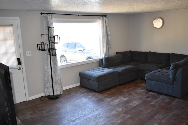 living room with a textured ceiling, wood finished floors, and baseboards