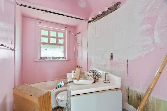 full bathroom featuring toilet, a shower, and vanity