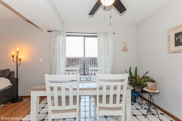 dining room with a ceiling fan and baseboards