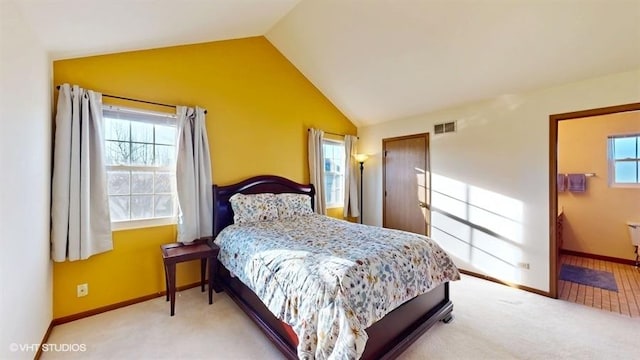 carpeted bedroom with baseboards, visible vents, multiple windows, and lofted ceiling