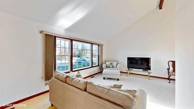 living area featuring baseboards, lofted ceiling, carpet floors, and visible vents