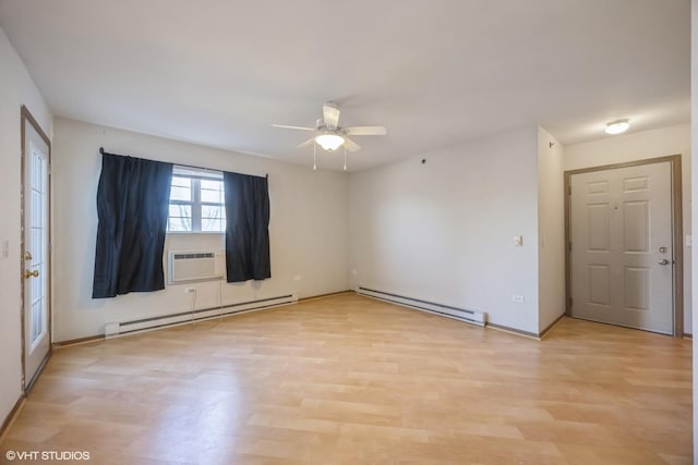 empty room featuring baseboard heating, light wood-style flooring, a wall mounted air conditioner, and ceiling fan