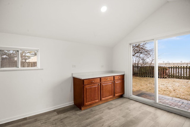 interior space with baseboards, a healthy amount of sunlight, light wood-style flooring, and vaulted ceiling