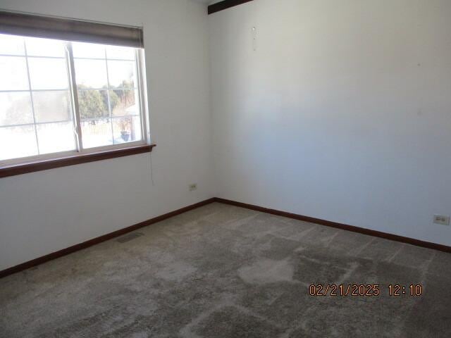 spare room with carpet floors, visible vents, and baseboards