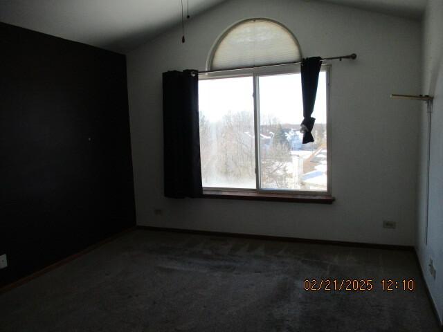 empty room featuring carpet flooring, vaulted ceiling, and baseboards