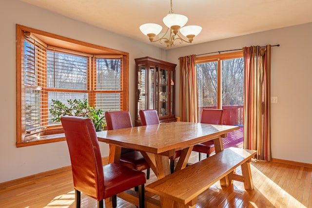 dining room featuring light wood-type flooring, baseboards, and a chandelier