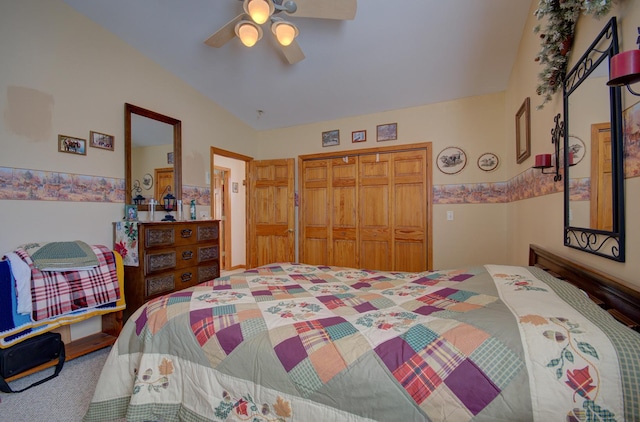 carpeted bedroom featuring a closet and a ceiling fan