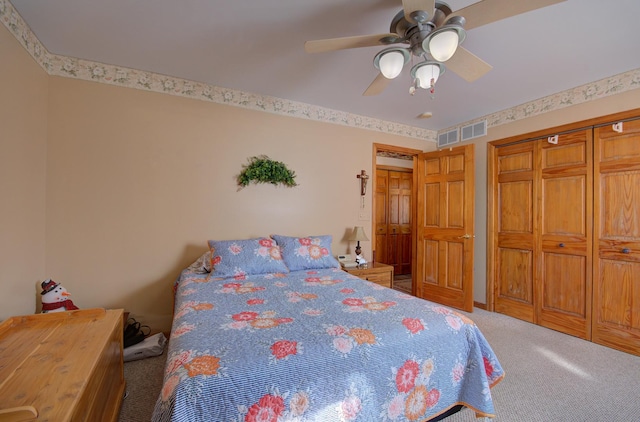 bedroom with carpet flooring, ceiling fan, and a closet
