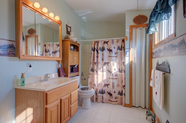 full bath with tile patterned flooring, toilet, vanity, and shower / bath combo