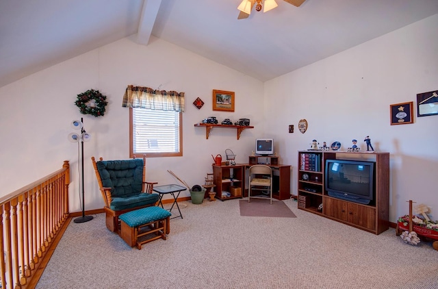 sitting room with carpet flooring and ceiling fan