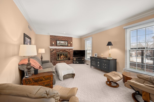 carpeted living room featuring visible vents, a brick fireplace, and crown molding