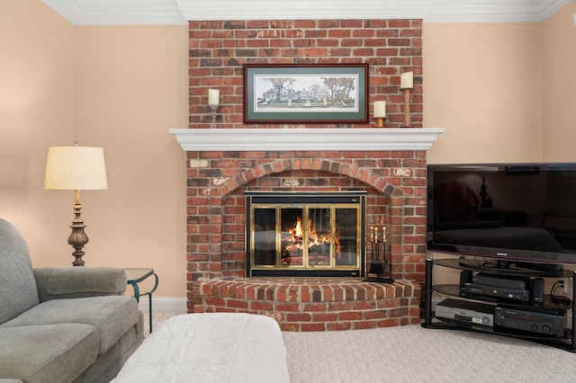 living area featuring crown molding, a brick fireplace, and carpet floors