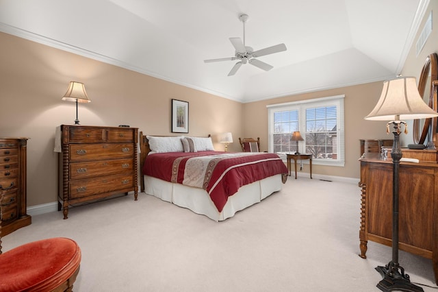 bedroom featuring crown molding, light colored carpet, baseboards, and lofted ceiling