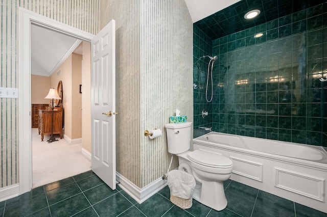 full bathroom featuring toilet, bathtub / shower combination, tile patterned flooring, and wallpapered walls