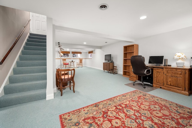 carpeted office space featuring visible vents, recessed lighting, and baseboards