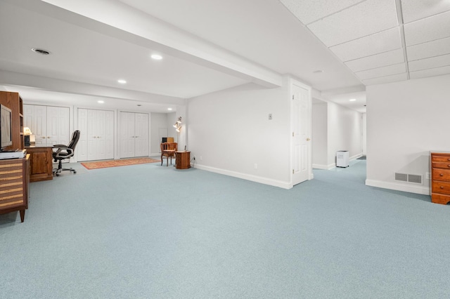 carpeted office space with recessed lighting, visible vents, and baseboards