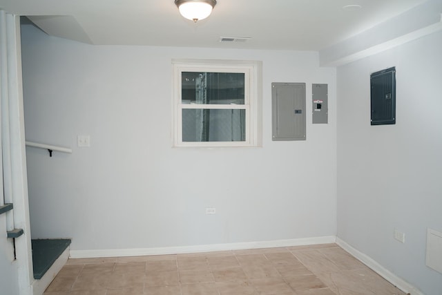 spare room with visible vents, electric panel, and baseboards