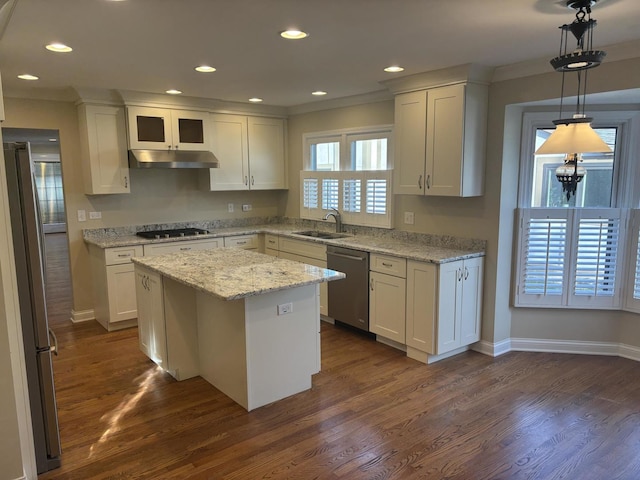 kitchen with under cabinet range hood, dark wood-type flooring, a sink, white cabinetry, and appliances with stainless steel finishes