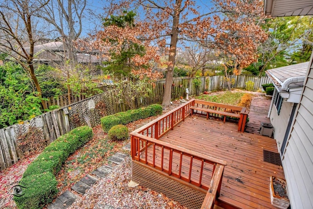 wooden terrace featuring a fenced backyard