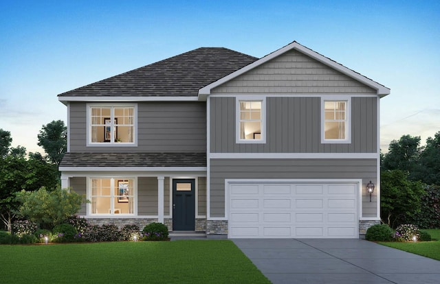 craftsman house featuring a garage, stone siding, driveway, and a front yard