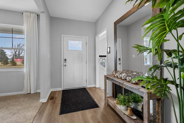 foyer with baseboards, wood finished floors, and a healthy amount of sunlight