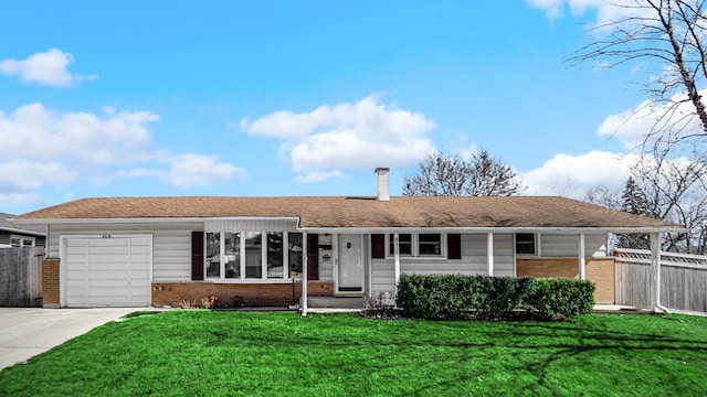 single story home featuring a front yard, brick siding, fence, and an attached garage